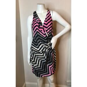 Parker Silk Wrap Mini Dress M Pink Black Chevron Striped